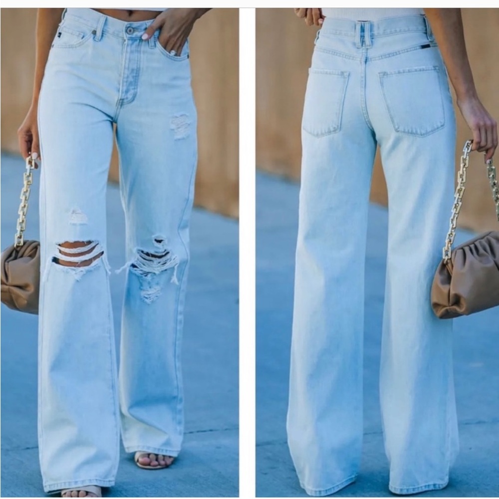 New Kan Can 90s Light Wash High Rise Distressed Wide Leg Denim Jeans